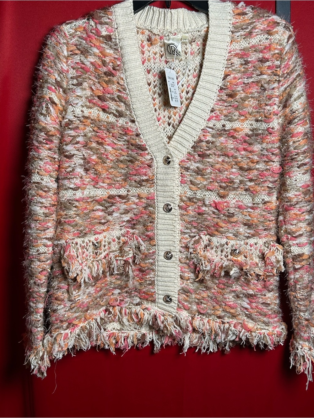 Multicolor Fringe Knit Cardigan - Cream, Pink & Orange